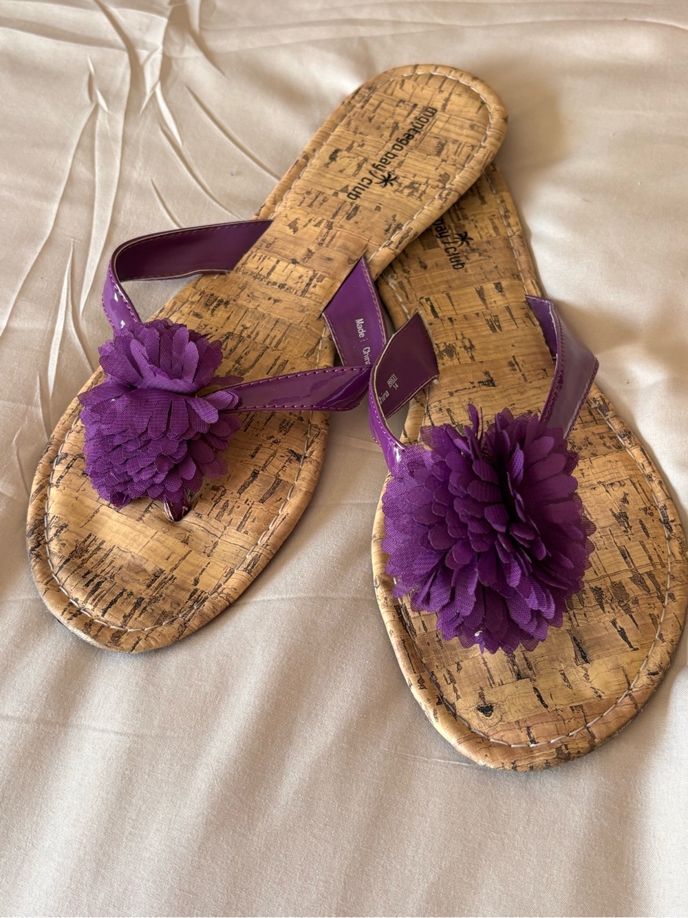 Women's Purple Thong Sandals With Purple Ruffle Flower Pom Pom • Size 11